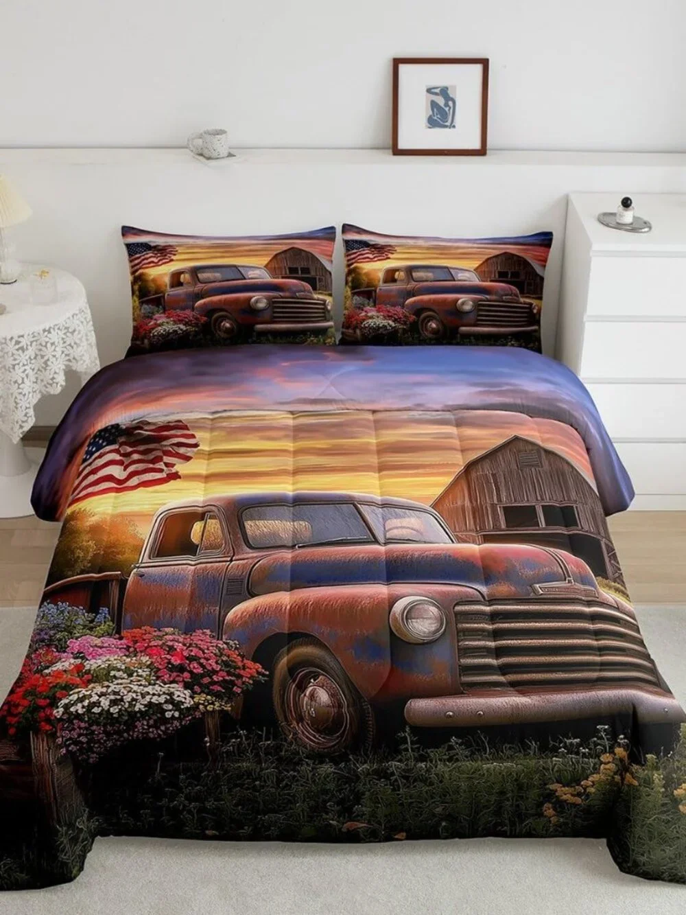 Vintage Truck Kids Comforter Queen,Village Barn Cabin Style Bedding Set for Teen